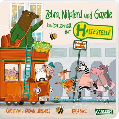 Zebra, Nilpferd und Gazelle laufen schnell zur ... Haltestelle!