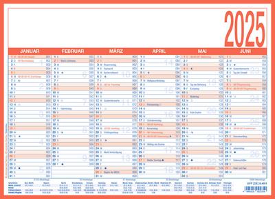 Arbeitstagekalender 2025 - A4 (29 x 21 cm) - 6 Monate auf 1 Seite -  Tafelkalender - auf Pappe kaschiert - Jahresplaner - 908-1315