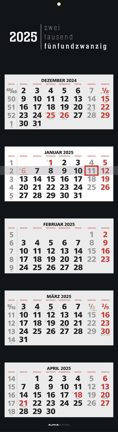 5-Monatskalender Black 2025 - Büro-Kalender 33x20 cm (geschlossen), 33x120 (geöffnet) - faltbar - mit Datumsschieber - Alpha Edition